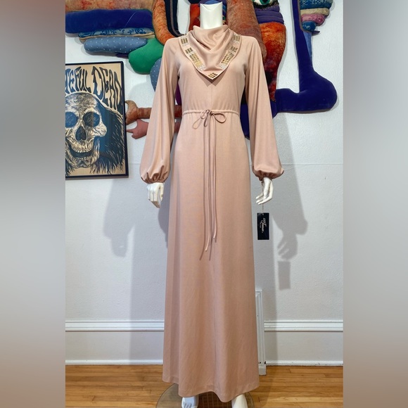 1970’s LEE JORDAN DRESS Studded Studs Rhinestones NEUTRAL Vintage Tags Nude Knit - Picture 8 of 11